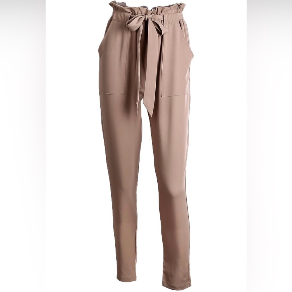 NWOT Simplee Women's Tan Paper Bag High-Waisted Bow-Tie Pants Neutral Scandi